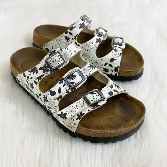 Papillio White &amp; Black Floral Print Faux Leather Florida Sandals Women's EU 36