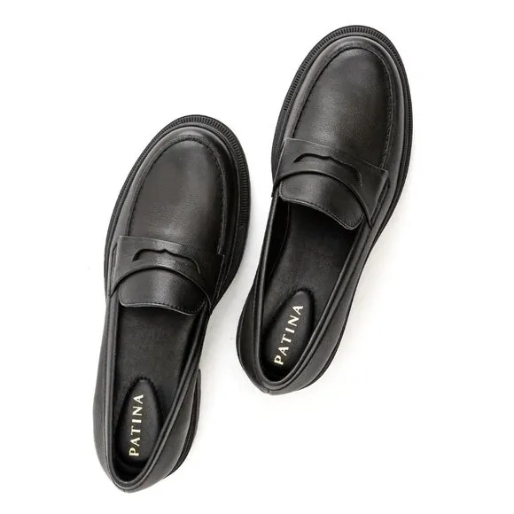 Patina Womens‎ Black Leather Loafers With Chunky Sole Size with 38 (7.5)