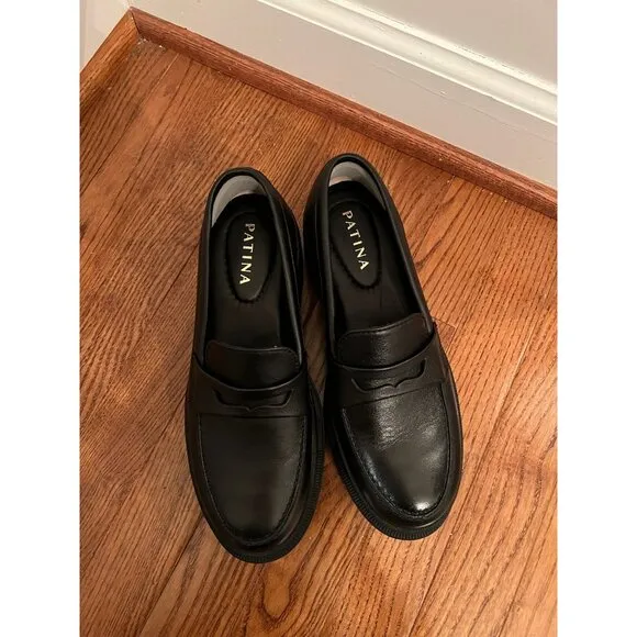 Patina Womens‎ Black Leather Loafers With Chunky Sole Size with 38 (7.5)