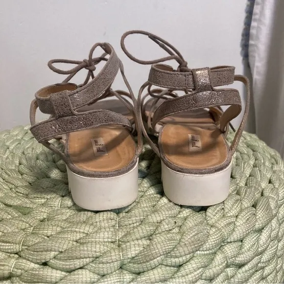 Paul Green Metallic Leather Taupe Lace Up Open Toe Cage Lug Sole Sandals