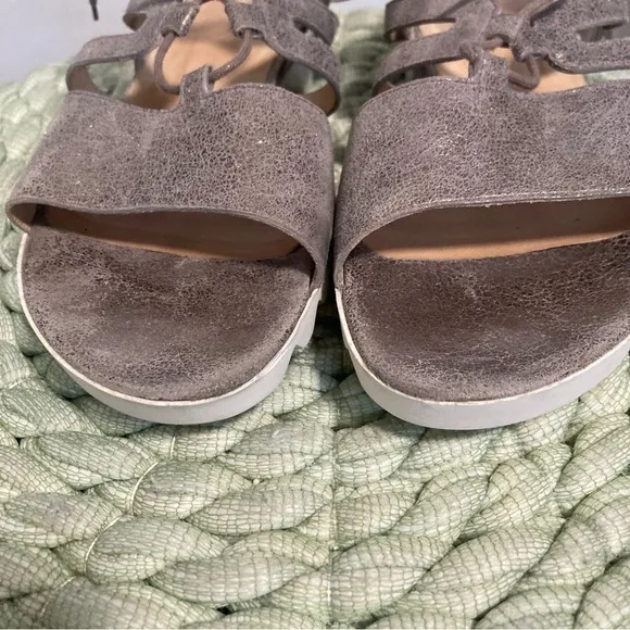Paul Green Metallic Leather Taupe Lace Up Open Toe Cage Lug Sole Sandals