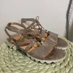 Paul Green Metallic Leather Taupe Lace Up Open Toe Cage Lug Sole Sandals