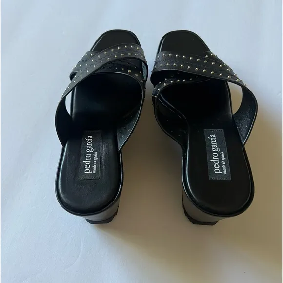 PEDRO GARCIA LEATHER CROSS STRAP PLATFORM WEDGE SANDALS BLACK SIZE 9.5 NWOT
