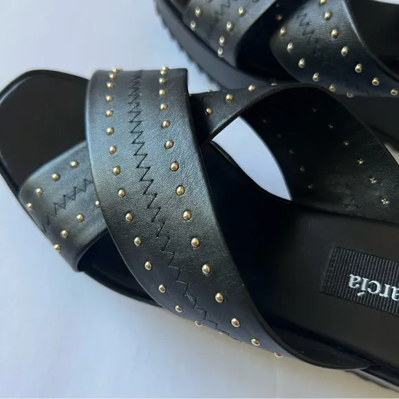 PEDRO GARCIA LEATHER CROSS STRAP PLATFORM WEDGE SANDALS BLACK SIZE 9.5 NWOT
