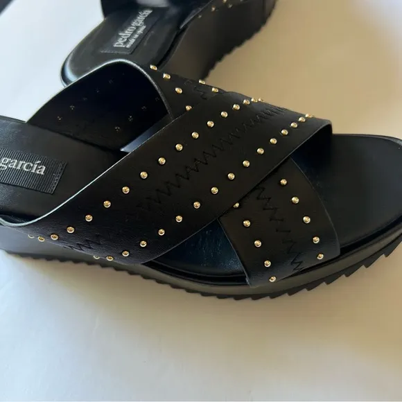 PEDRO GARCIA LEATHER CROSS STRAP PLATFORM WEDGE SANDALS BLACK SIZE 9.5 NWOT