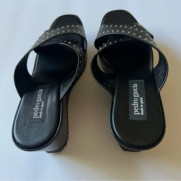 PEDRO GARCIA LEATHER CROSS STRAP PLATFORM WEDGE SANDALS BLACK SIZE 9.5 NWOT