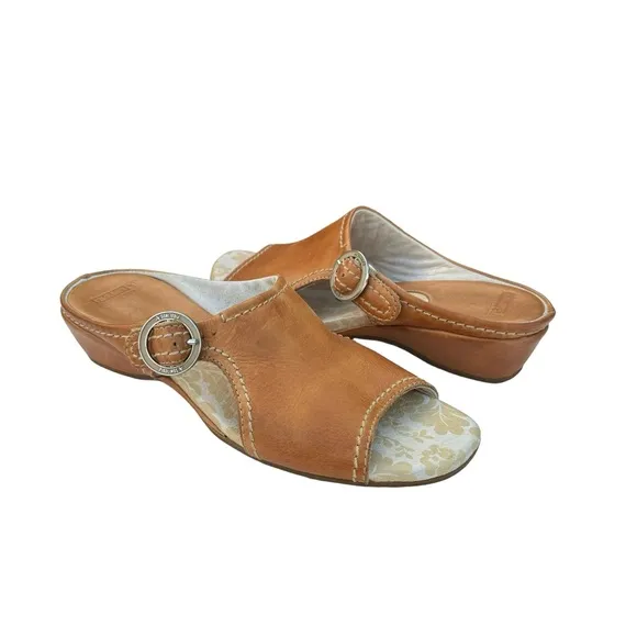 PIKOLINOS Brown Cognac Leather Buckle Detail Wedge Sandals Slides Women’s