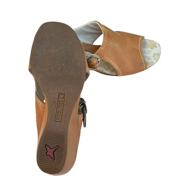 PIKOLINOS Brown Cognac Leather Buckle Detail Wedge Sandals Slides Women’s