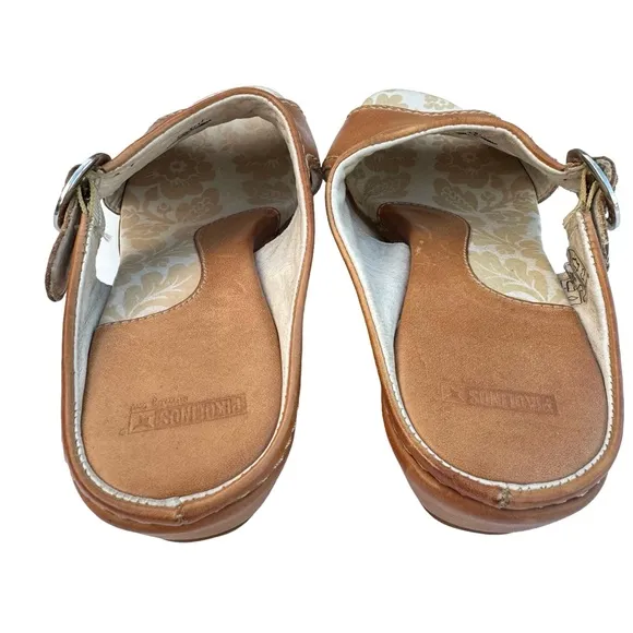PIKOLINOS Brown Cognac Leather Buckle Detail Wedge Sandals Slides Women’s