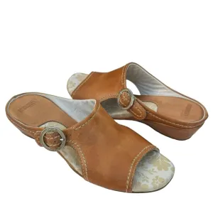 PIKOLINOS Brown Cognac Leather Buckle Detail Wedge Sandals Slides Women’s
