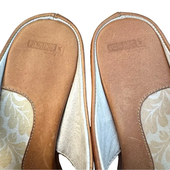 PIKOLINOS Brown Cognac Leather Buckle Detail Wedge Sandals Slides Women’s