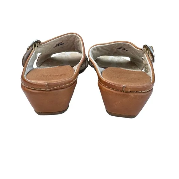 PIKOLINOS Brown Cognac Leather Buckle Detail Wedge Sandals Slides Women’s