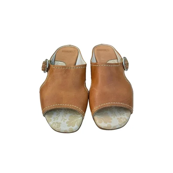 PIKOLINOS Brown Cognac Leather Buckle Detail Wedge Sandals Slides Women’s