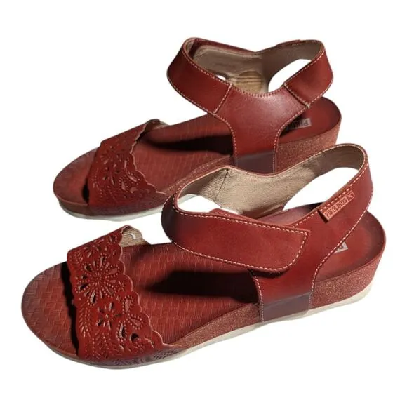 Pikolinos Mahon Red Floral Laser Cut Ankle Strap Platform Sandals EU 40 US 9.5