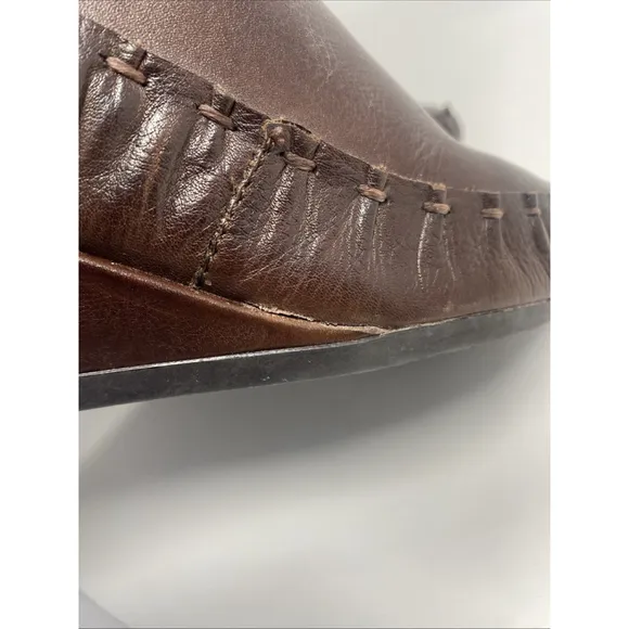 Pikolinos Women's Mid Calf Boots Brown Leather Low Wedge Whipstitch Sz 40 9-9.5