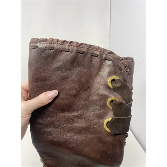 Pikolinos Women's Mid Calf Boots Brown Leather Low Wedge Whipstitch Sz 40 9-9.5
