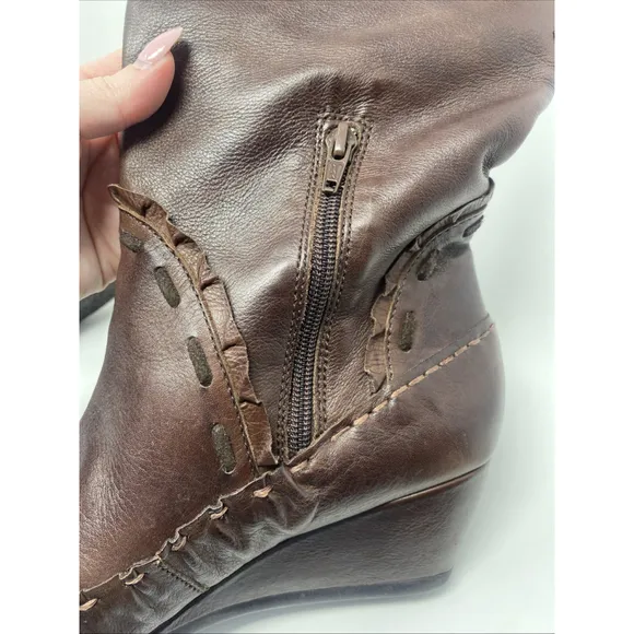 Pikolinos Women's Mid Calf Boots Brown Leather Low Wedge Whipstitch Sz 40 9-9.5