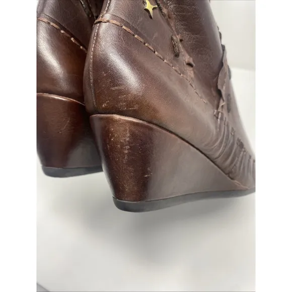 Pikolinos Women's Mid Calf Boots Brown Leather Low Wedge Whipstitch Sz 40 9-9.5