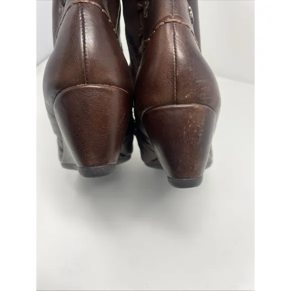Pikolinos Women's Mid Calf Boots Brown Leather Low Wedge Whipstitch Sz 40 9-9.5