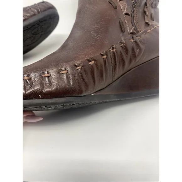 Pikolinos Women's Mid Calf Boots Brown Leather Low Wedge Whipstitch Sz 40 9-9.5