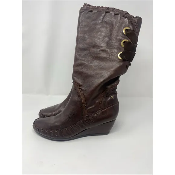 Pikolinos Women's Mid Calf Boots Brown Leather Low Wedge Whipstitch Sz 40 9-9.5