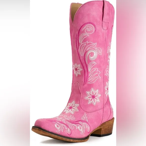 Pink Cowboy Boots For Women Mid Calf Western Boots Cowgirl Boots