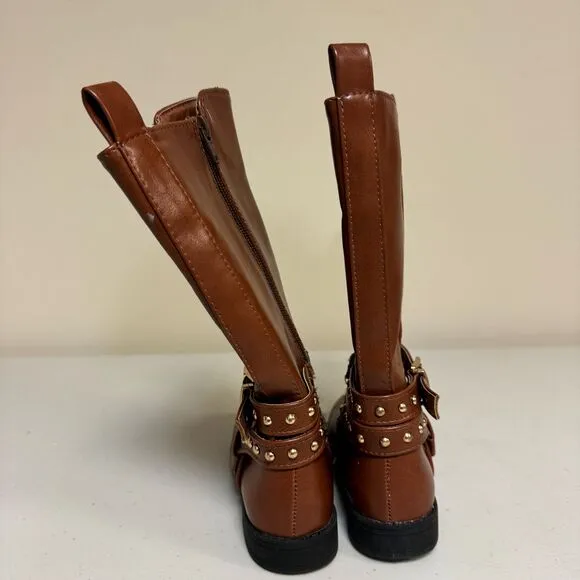 Piper Brown Mid Calf Boots Girl's 12 Country Western Riding Buckle Stud Pleather