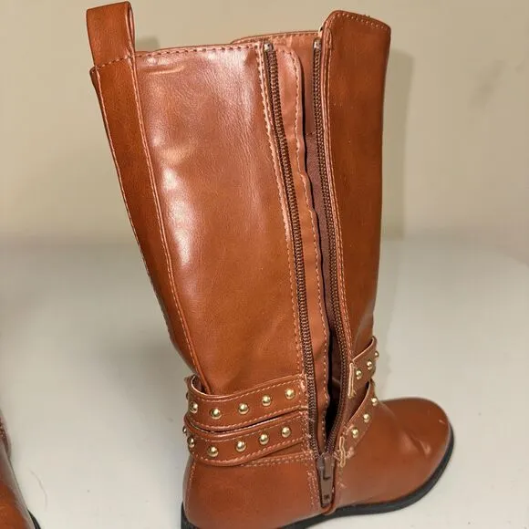 Piper Brown Mid Calf Boots Girl's 12 Country Western Riding Buckle Stud Pleather