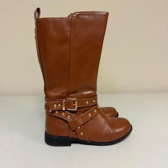 Piper Brown Mid Calf Boots Girl's 12 Country Western Riding Buckle Stud Pleather