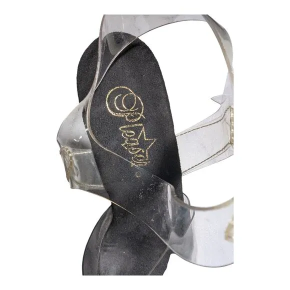 Pleaser Adore 708 Clear Vinyl Black Glitter Platform Spike Heel Dancer Sandals 8