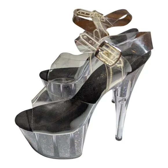 Pleaser Adore 708 Clear Vinyl Black Glitter Platform Spike Heel Dancer Sandals 8