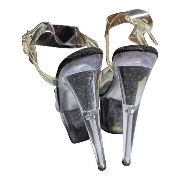 Pleaser Adore 708 Clear Vinyl Black Glitter Platform Spike Heel Dancer Sandals 8