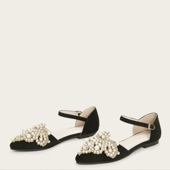 Point Toe Faux Pearl Decor Ankle Strap Flats
