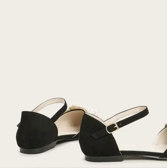 Point Toe Faux Pearl Decor Ankle Strap Flats