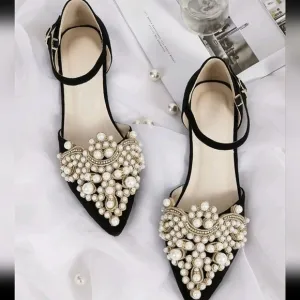 Point Toe Faux Pearl Decor Ankle Strap Flats