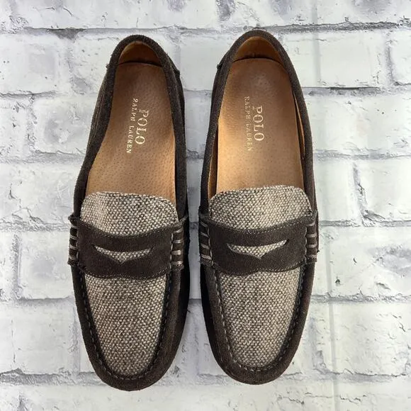 Polo Ralph Lauren WES II Driving Penny Loafer Men 9.5D Brown Suede Tweed Slip On