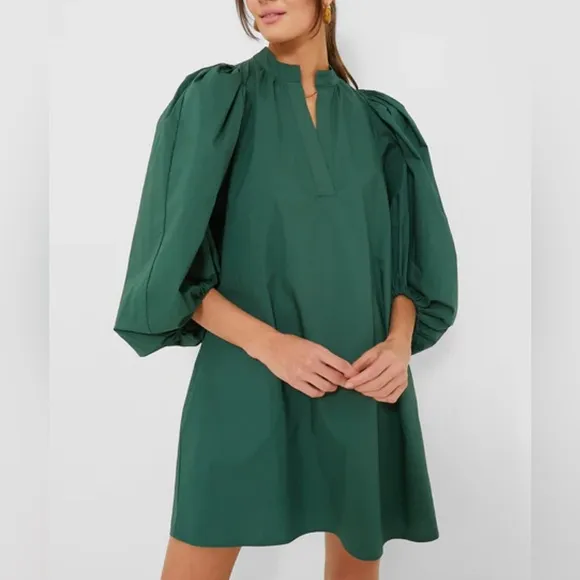 Pomander Place NEW Emerald Green Astrid Puff Sleeve Poplin Mini Dress Size small