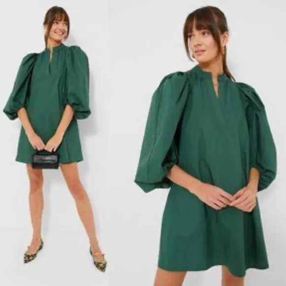 Pomander Place NEW Emerald Green Astrid Puff Sleeve Poplin Mini Dress Size small