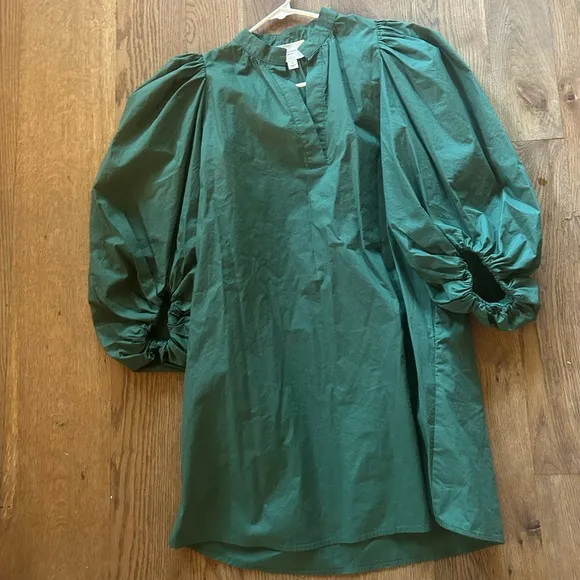 Pomander Place NEW Emerald Green Astrid Puff Sleeve Poplin Mini Dress Size small