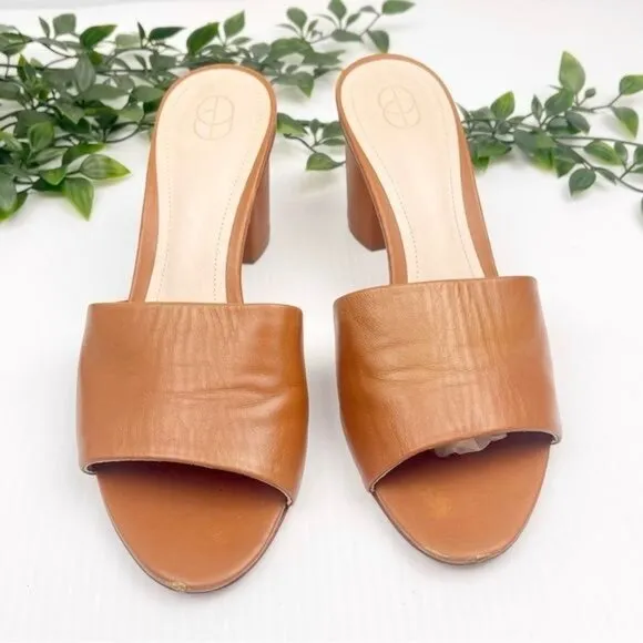 PORTE &amp; PAIRE Tan Block heel Leather Slides 9