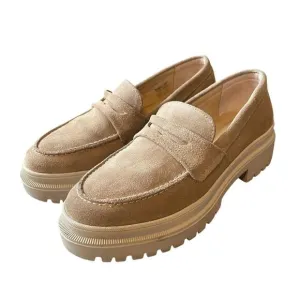 Portland Leather 8.5 Patina Chunky Zoe Platform Penny Loafers Lug Sole Beige Tan