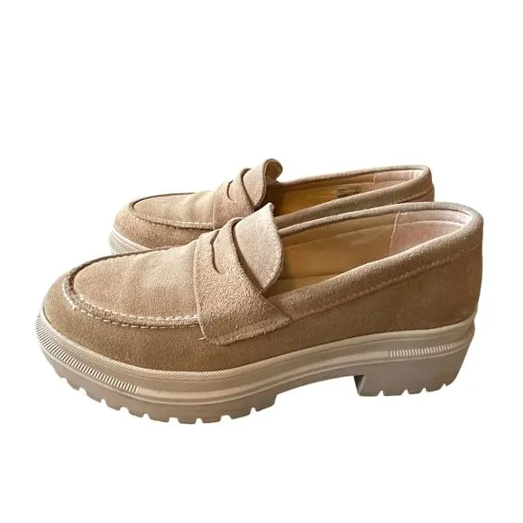 Portland Leather 8.5 Patina Chunky Zoe Platform Penny Loafers Lug Sole Beige Tan