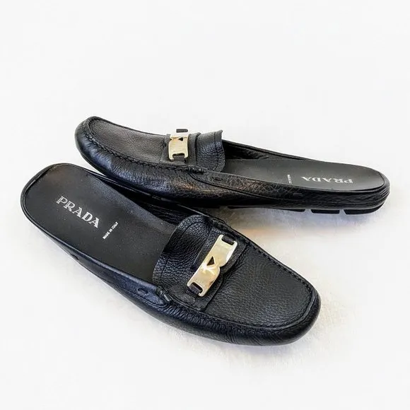 PRADA black driving mule loafer leather