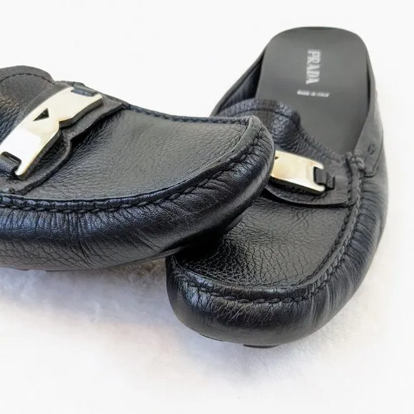 PRADA black driving mule loafer leather