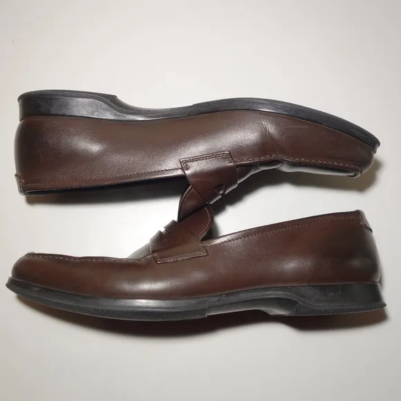 Prada Brown Leather Penny Loafers Made In Italy w/ Rubber Soles, Size 9.5