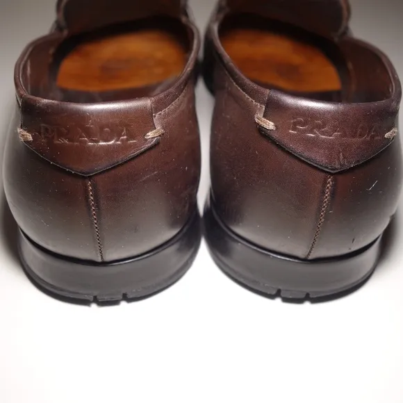 Prada Brown Leather Penny Loafers Made In Italy w/ Rubber Soles, Size 9.5