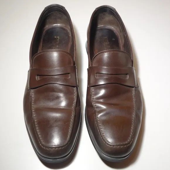 Prada Brown Leather Penny Loafers Made In Italy w/ Rubber Soles, Size 9.5