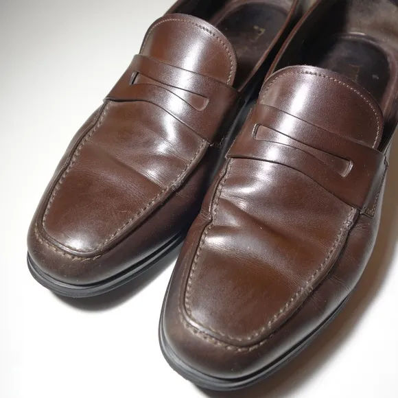 Prada Brown Leather Penny Loafers Made In Italy w/ Rubber Soles, Size 9.5