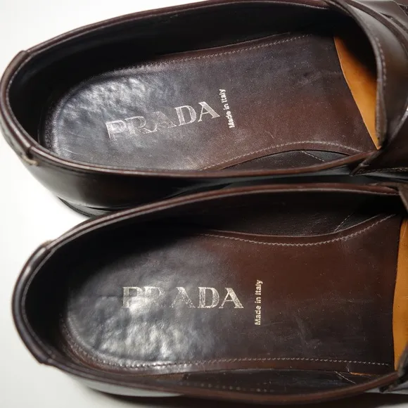 Prada Brown Leather Penny Loafers Made In Italy w/ Rubber Soles, Size 9.5