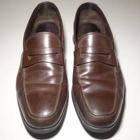Prada Brown Leather Penny Loafers Made In Italy w/ Rubber Soles, Size 9.5